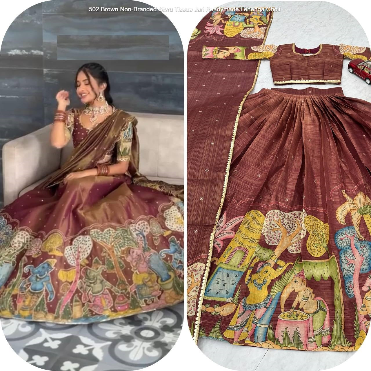 502 Brown Non-Branded Stvru Tissue Jari Readymade Lehenga Choli
