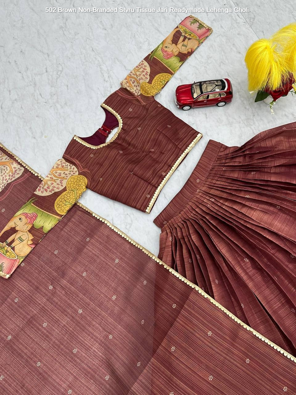502 Brown Non-Branded Stvru Tissue Jari Readymade Lehenga Choli
