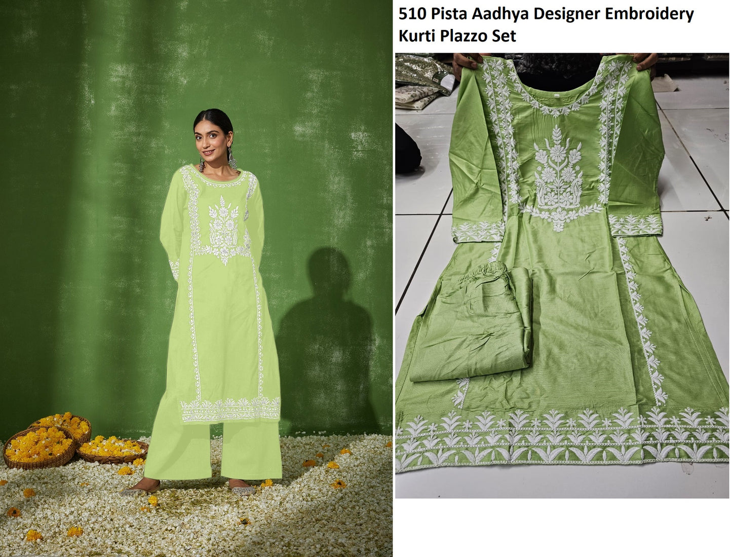 510 Pista Aadhya Designer Embroidery Kurti Plazzo Set