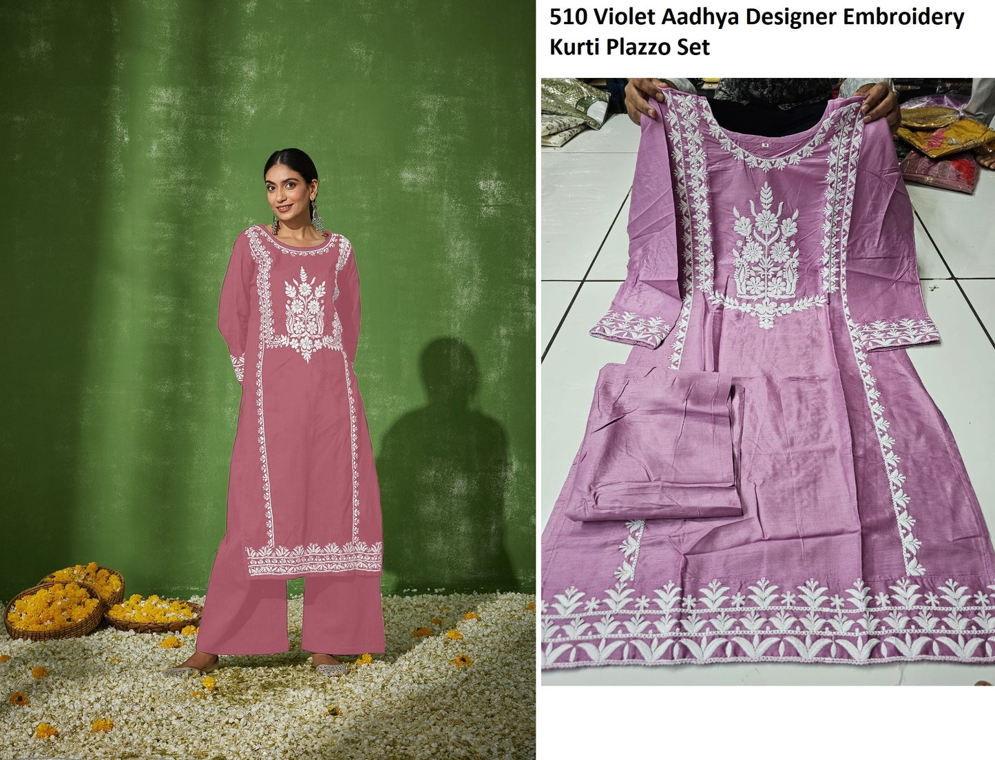 510 Violet Aadhya Designer Embroidery Kurti Plazzo Set