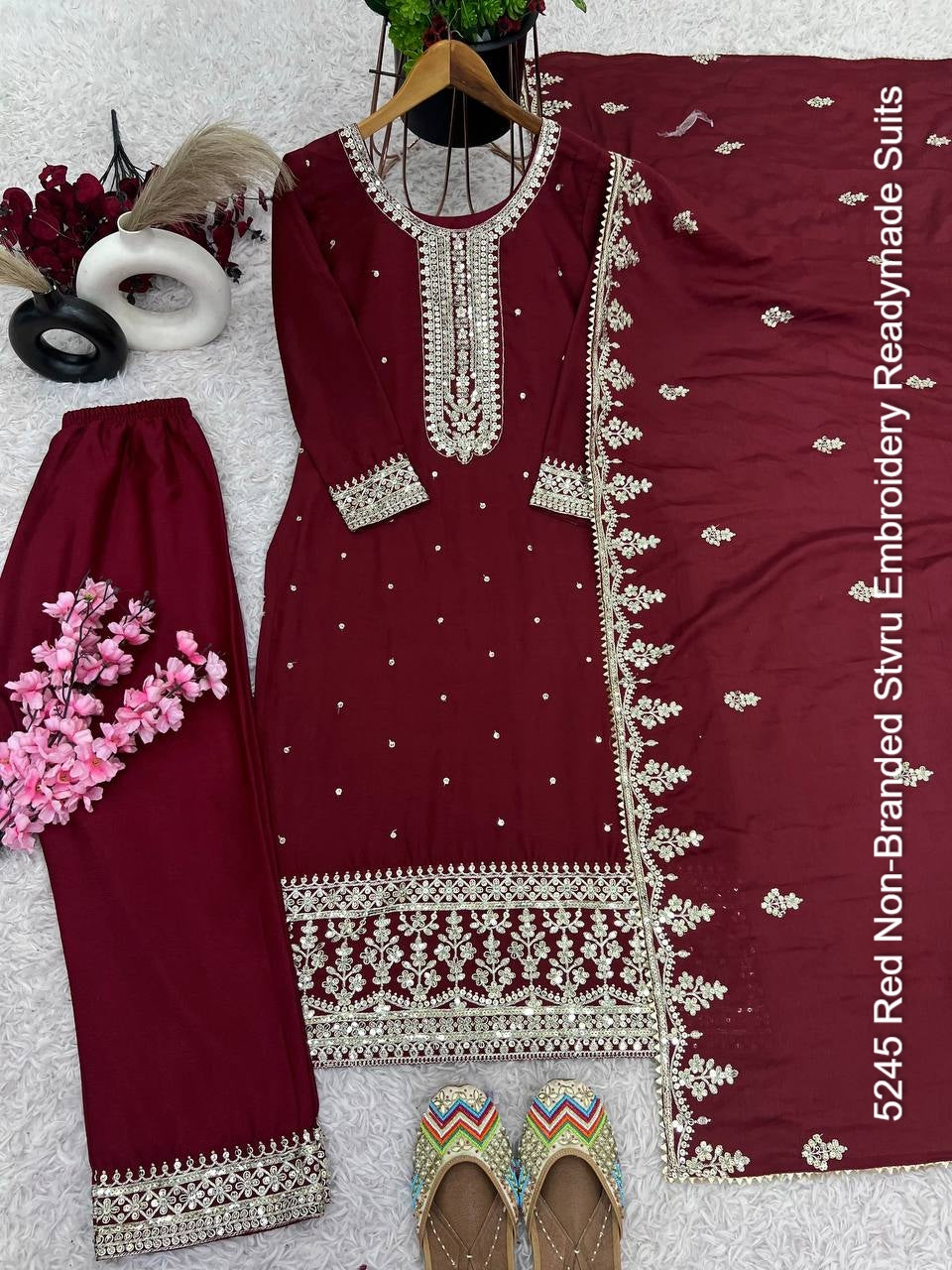 5245 Red Non-Branded Stvru Embroidery Readymade Suits