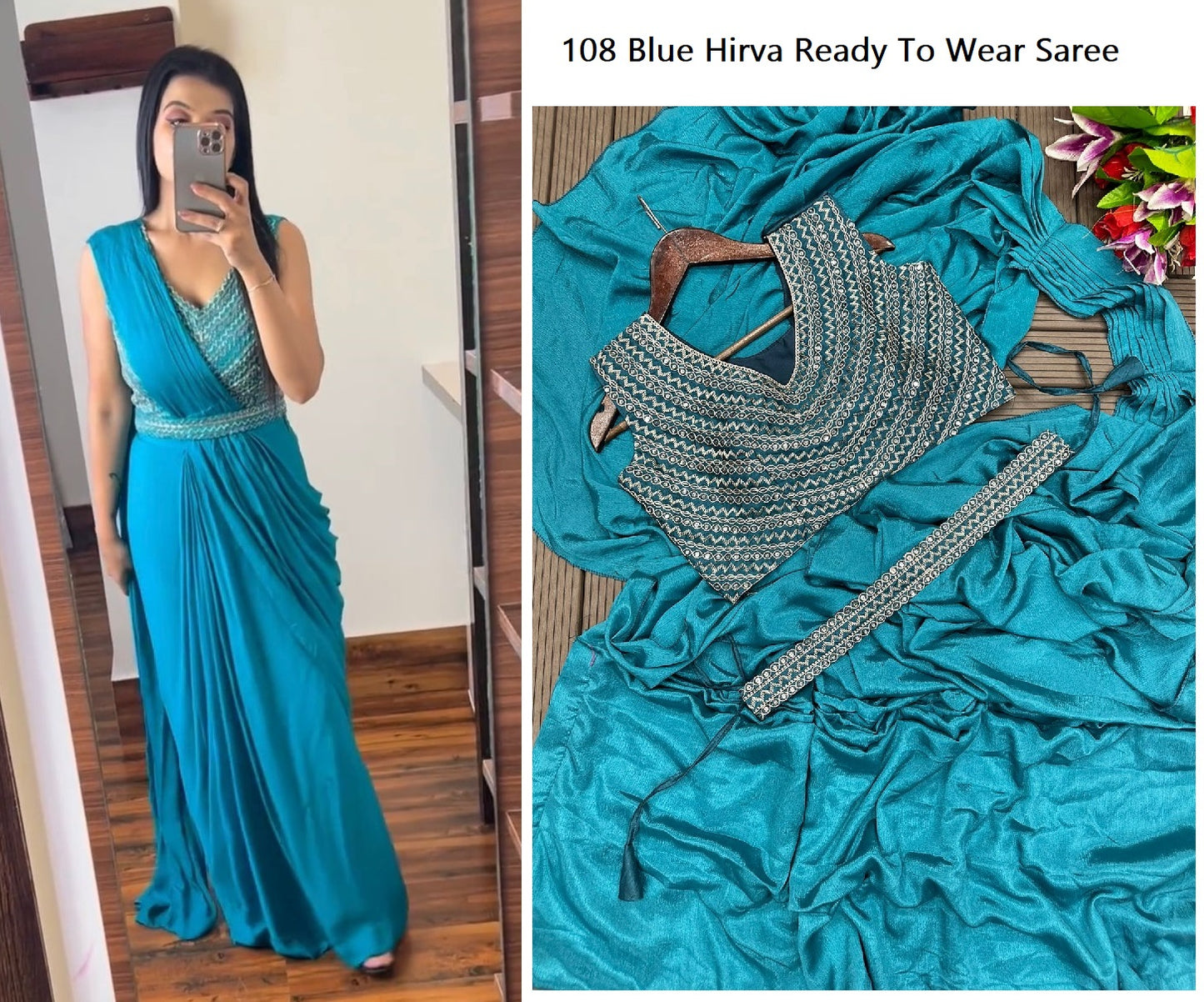 108 Blue Hirva Ready To Wear Saree