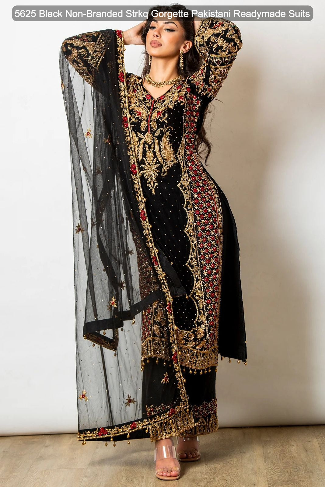 5625 Black Non-Branded Strkq Gorgette Pakistani Readymade Suits