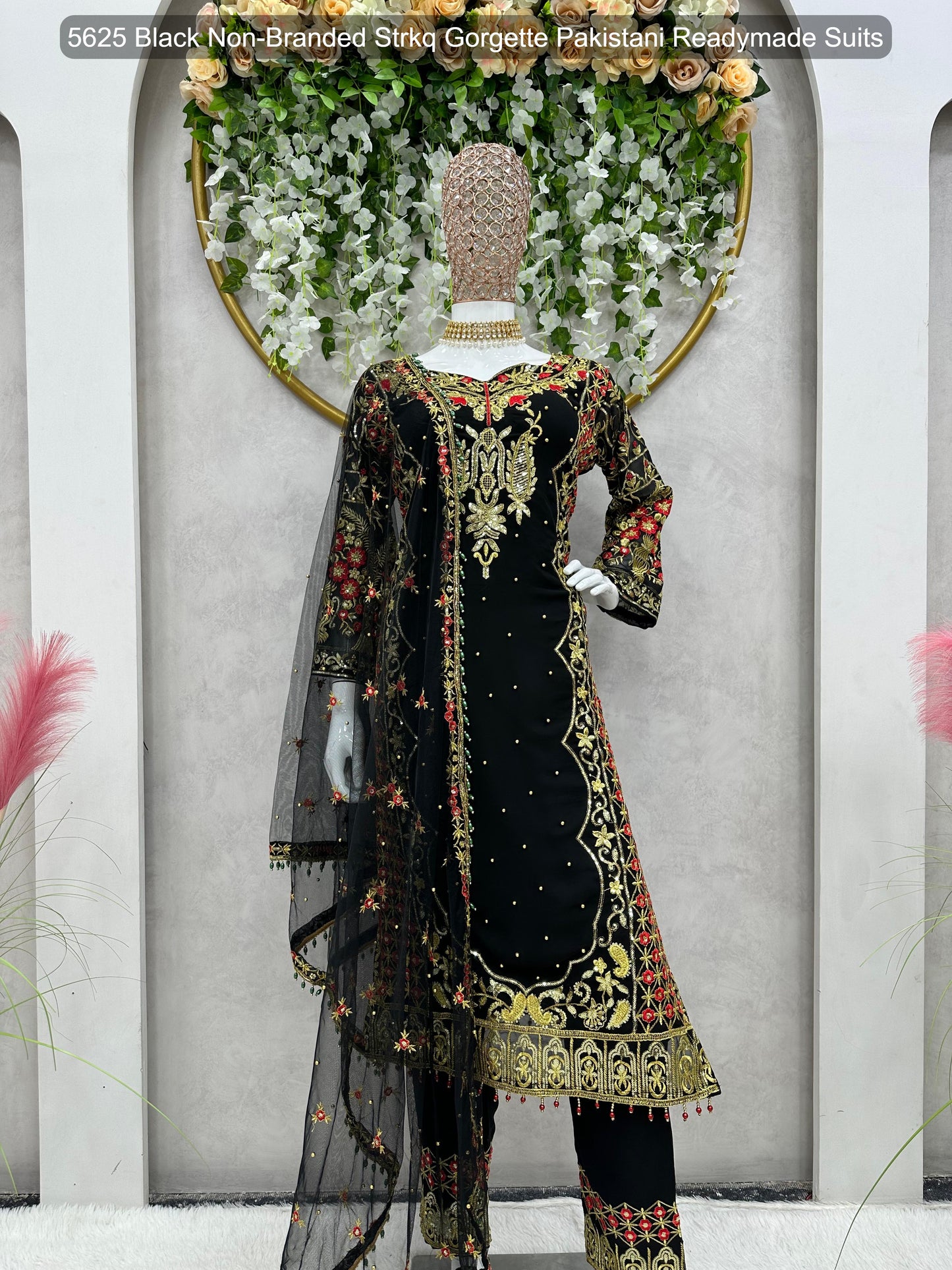 5625 Black Non-Branded Strkq Gorgette Pakistani Readymade Suits