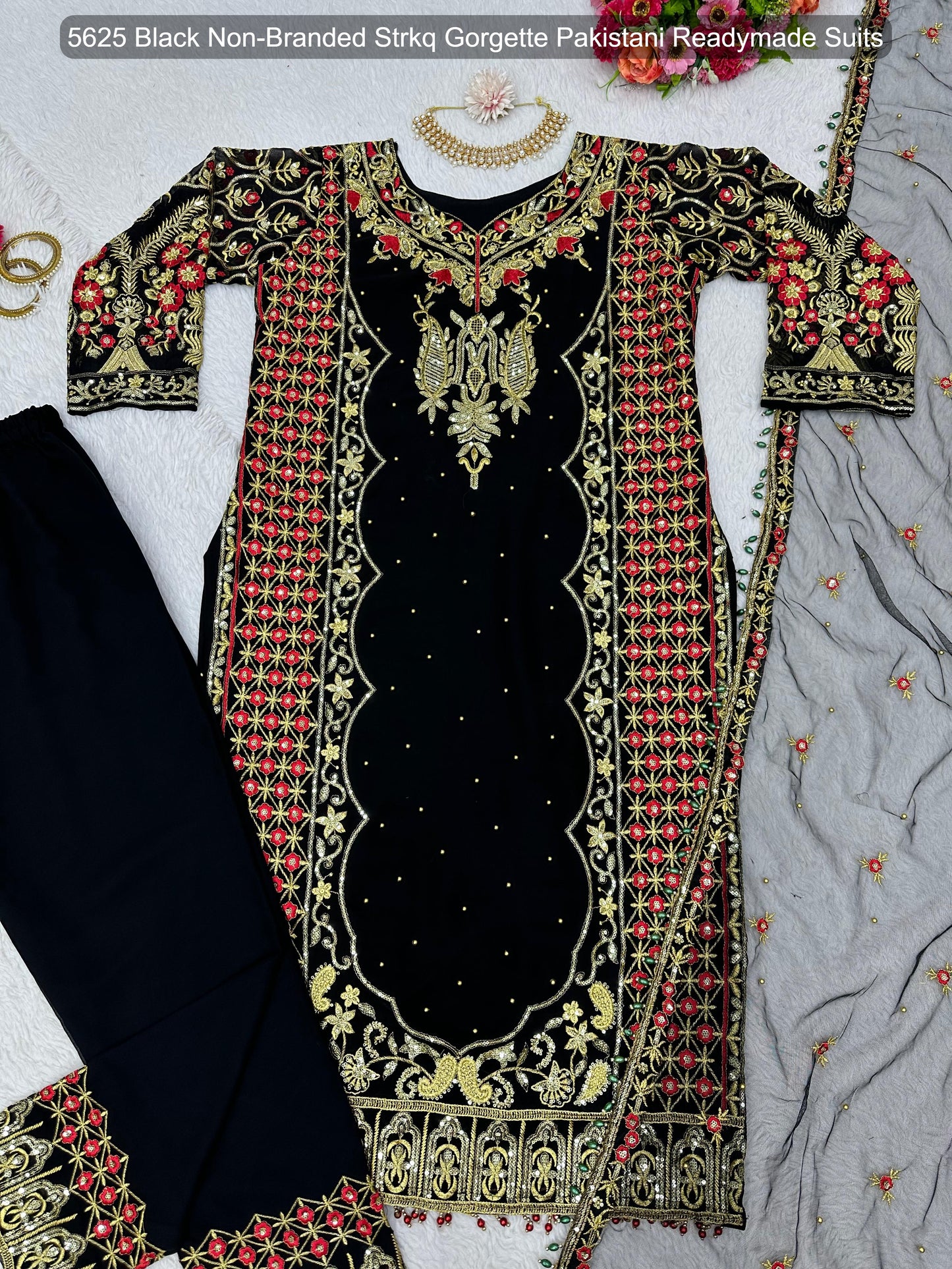 5625 Black Non-Branded Strkq Gorgette Pakistani Readymade Suits