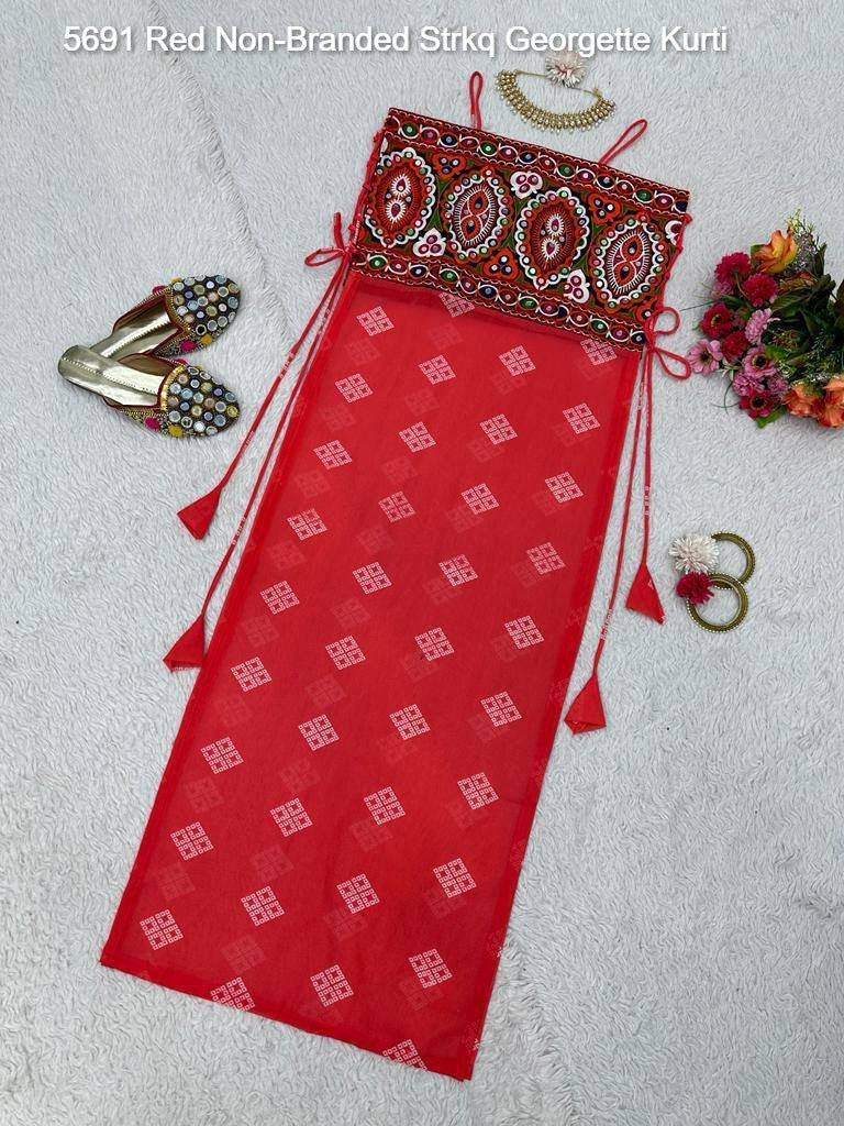 5691 Red Non-Branded Strkq Georgette Kurti