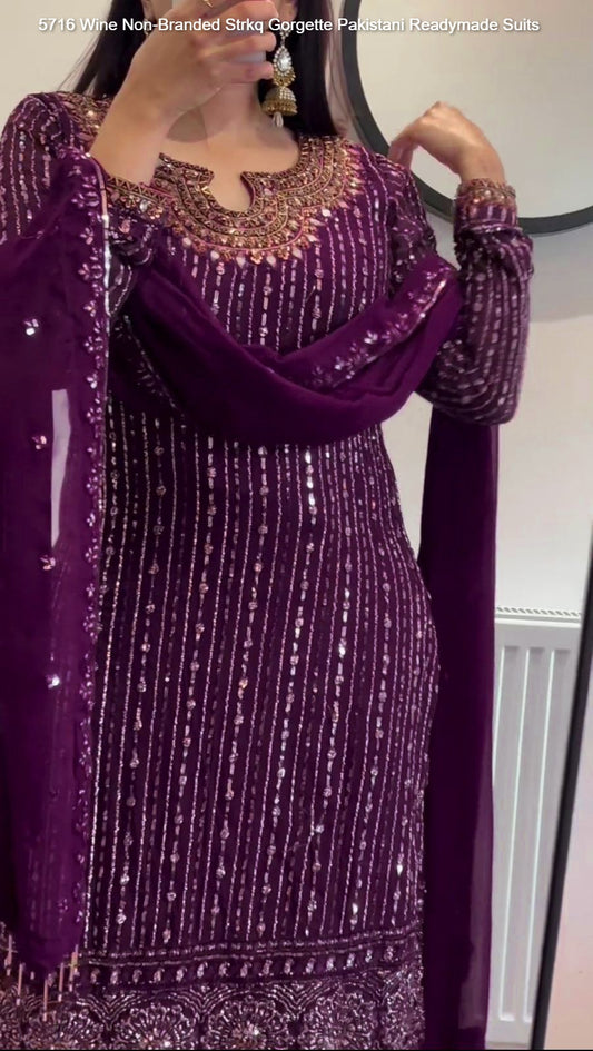 5716 Wine Non-Branded Strkq Gorgette Pakistani Readymade Suits