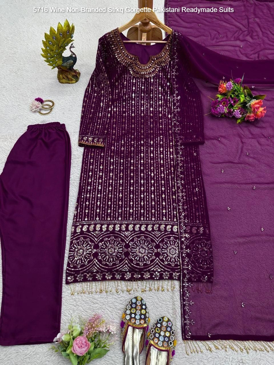 5716 Wine Non-Branded Strkq Gorgette Pakistani Readymade Suits
