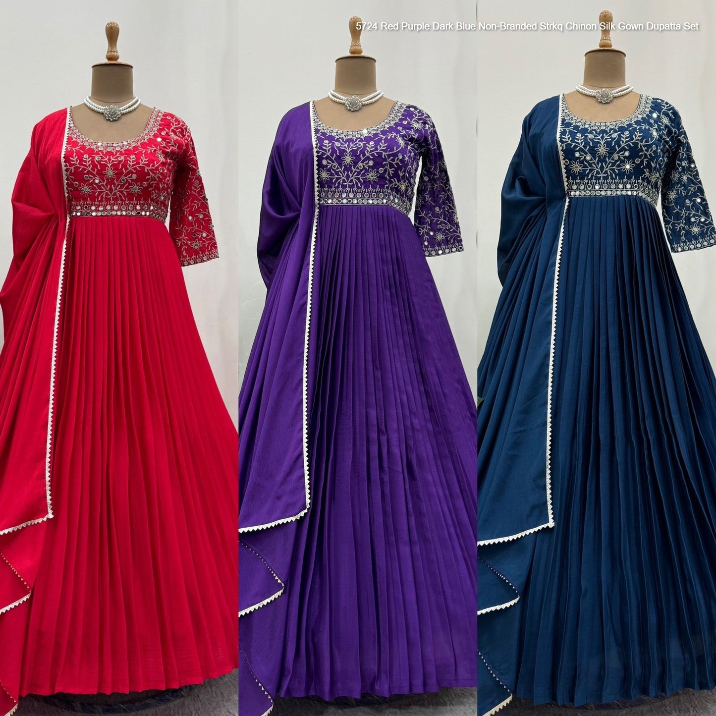 5724 Red Purple Dark Blue Non-Branded Strkq Chinon Silk Gown Dupatta Set