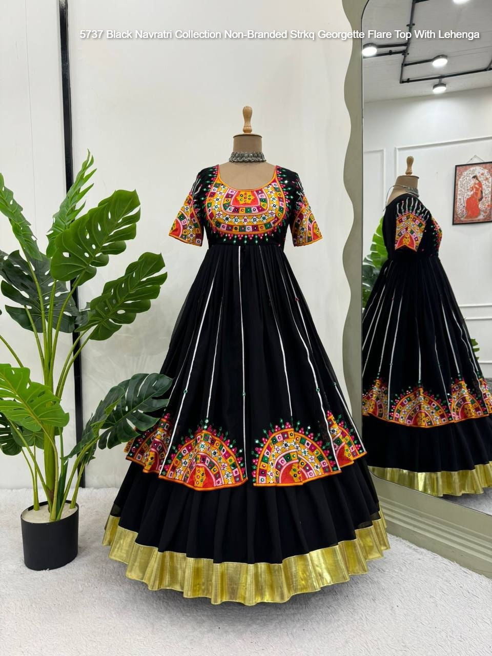 5737 Black Navratri Collection Non-Branded Strkq Georgette Flare Top With Lehenga