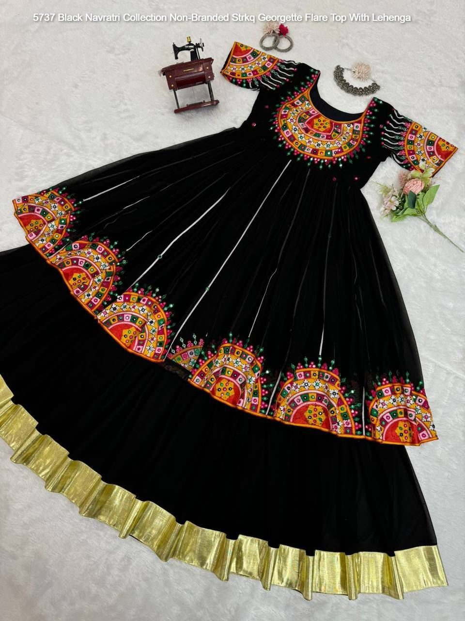 5737 Black Navratri Collection Non-Branded Strkq Georgette Flare Top With Lehenga