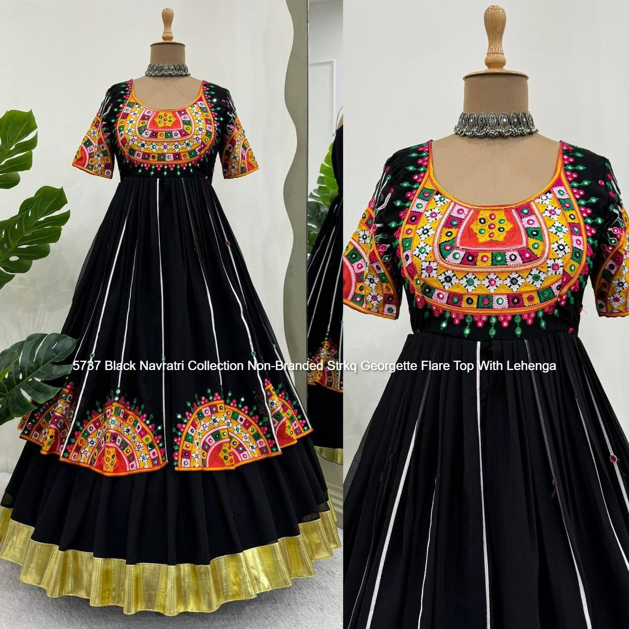 5737 Black Navratri Collection Non-Branded Strkq Georgette Flare Top With Lehenga