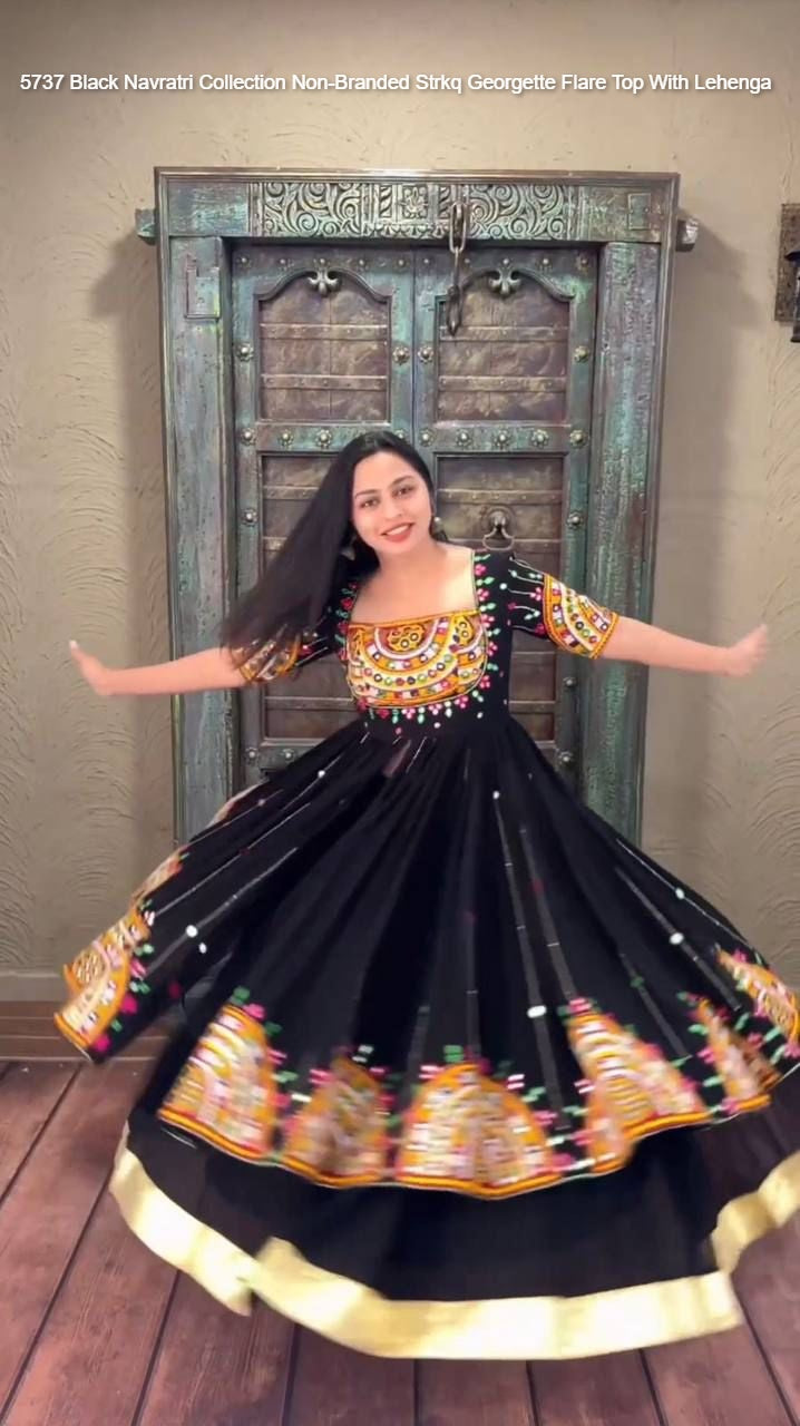 5737 Black Navratri Collection Non-Branded Strkq Georgette Flare Top With Lehenga