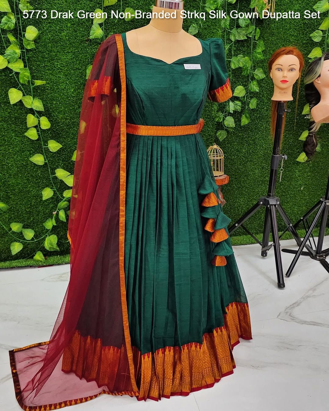 5773 Drak Green Non-Branded Strkq Silk Gown Dupatta Set