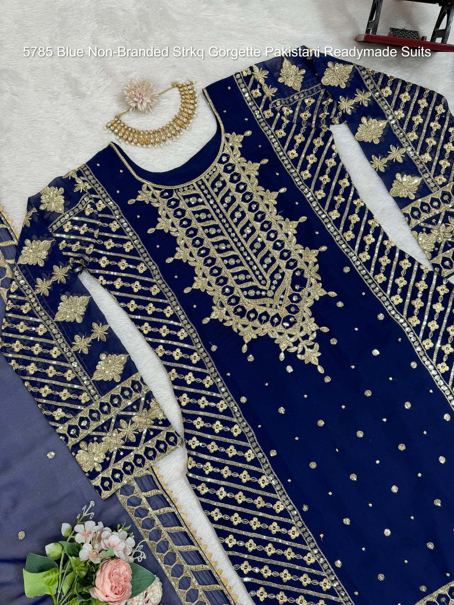 5785 Blue Non-Branded Strkq Gorgette Pakistani Readymade Suits