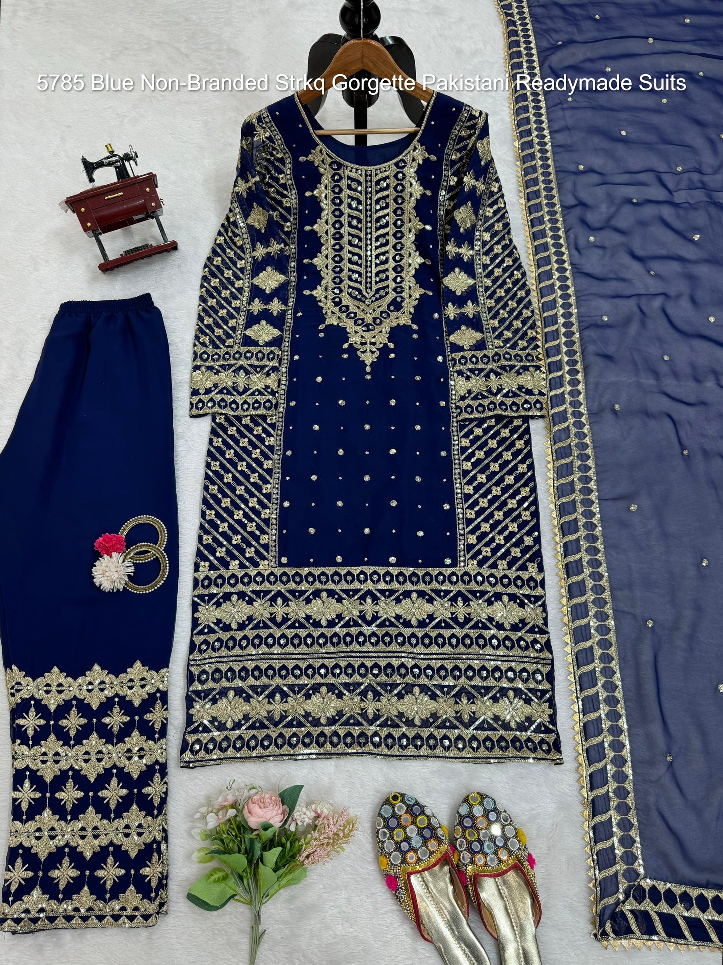 5785 Blue Non-Branded Strkq Gorgette Pakistani Readymade Suits