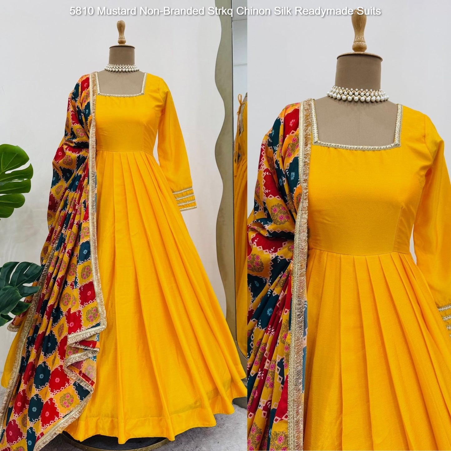 5810 Mustard Non-Branded Strkq Chinon Silk Readymade Suits