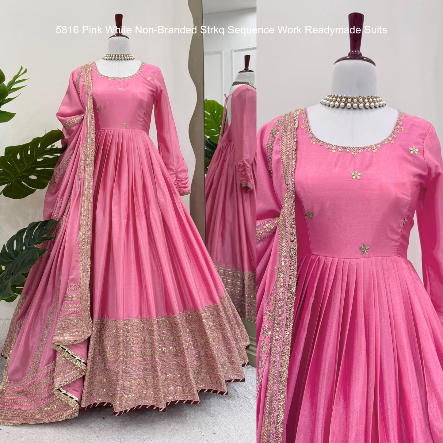 5816 Pink White Non-Branded Strkq Sequence Work Readymade Suits