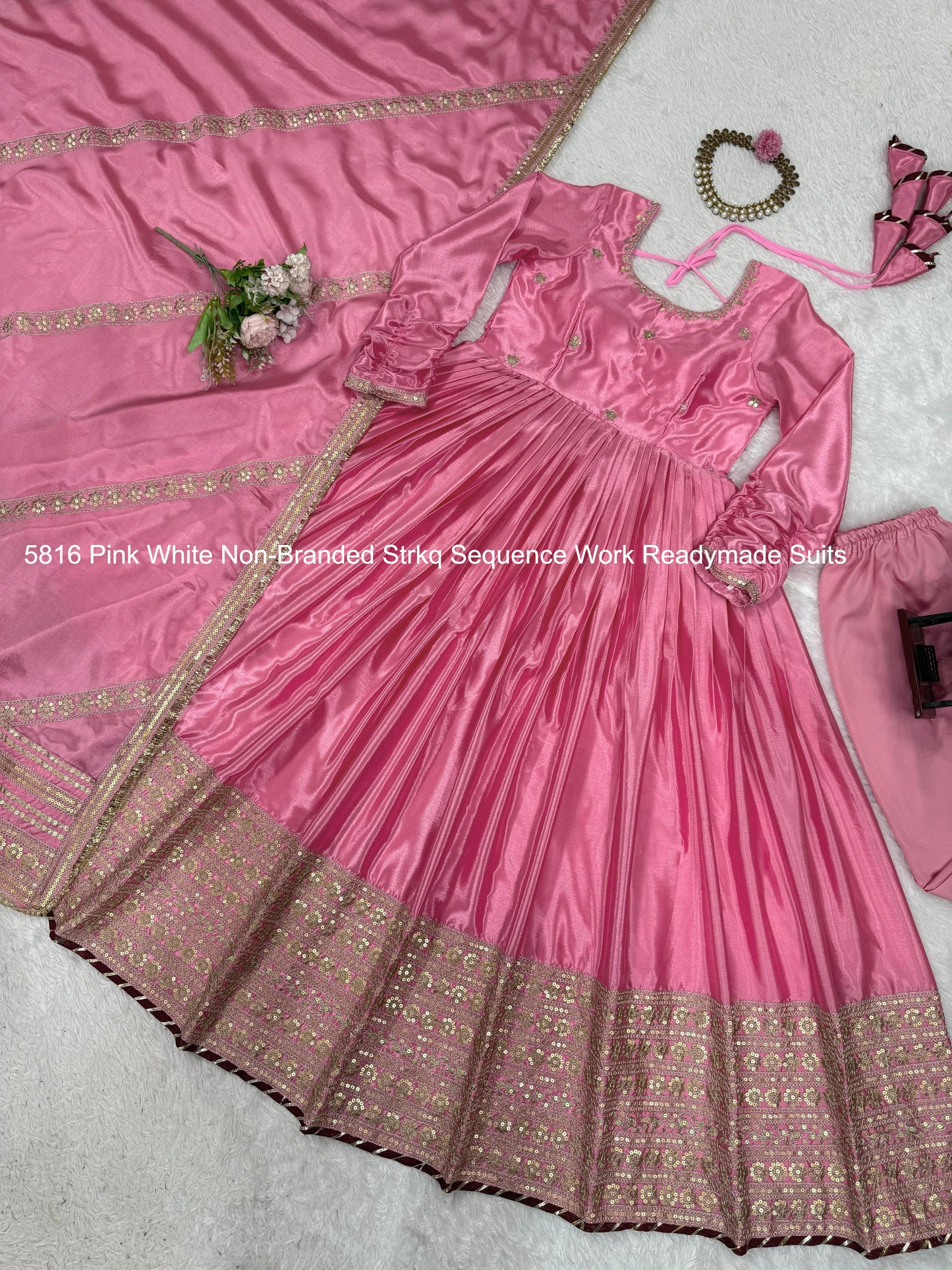 5816 Pink White Non-Branded Strkq Sequence Work Readymade Suits