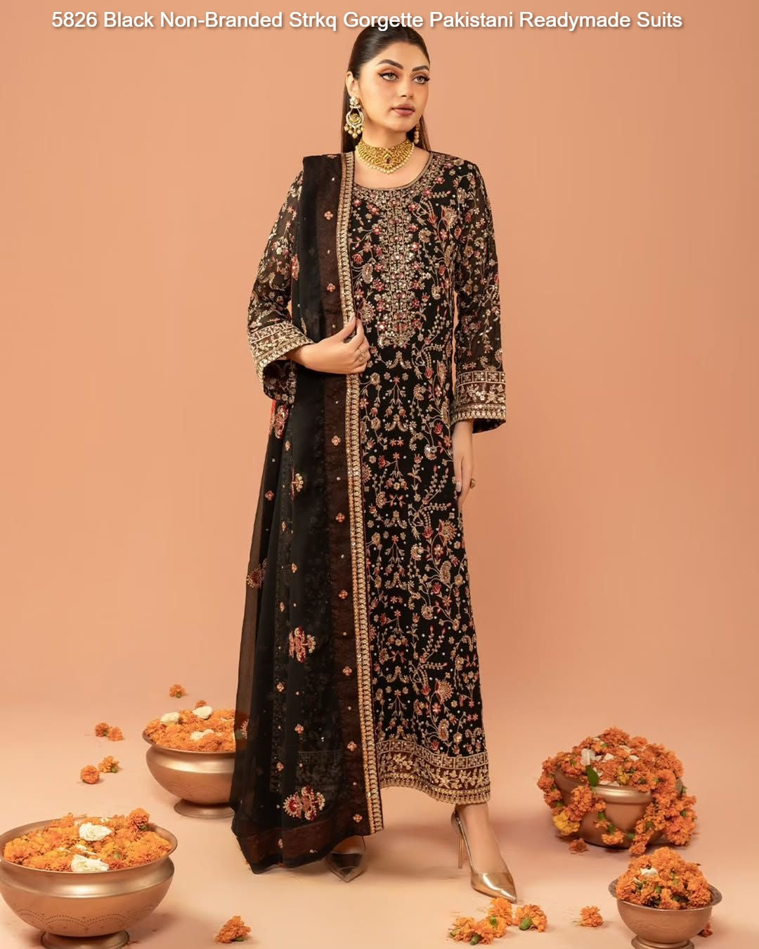 5826 Black Non-Branded Strkq Gorgette Pakistani Readymade Suits