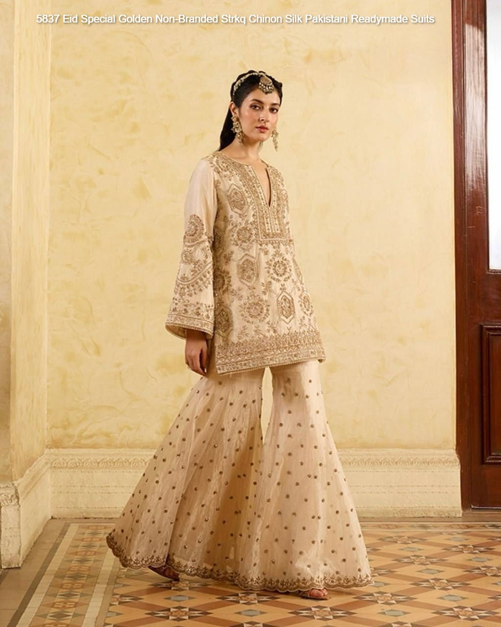 5837 Eid Special Golden Non-Branded Strkq Chinon Silk Pakistani Readymade Suits
