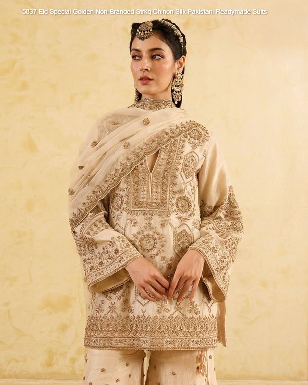 5837 Eid Special Golden Non-Branded Strkq Chinon Silk Pakistani Readymade Suits