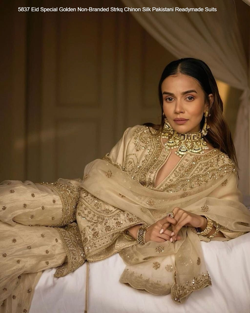 5837 Eid Special Golden Non-Branded Strkq Chinon Silk Pakistani Readymade Suits