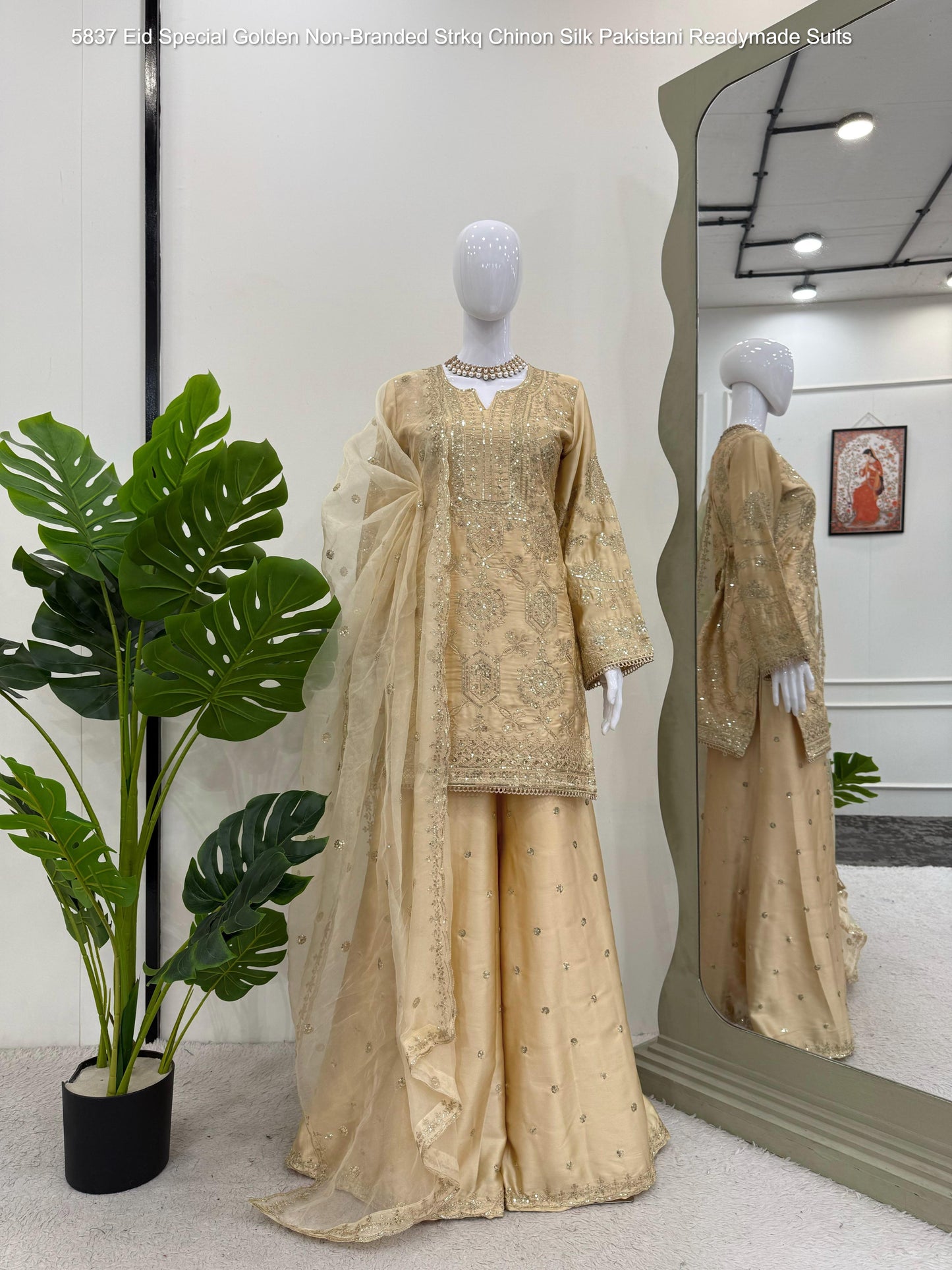 5837 Eid Special Golden Non-Branded Strkq Chinon Silk Pakistani Readymade Suits