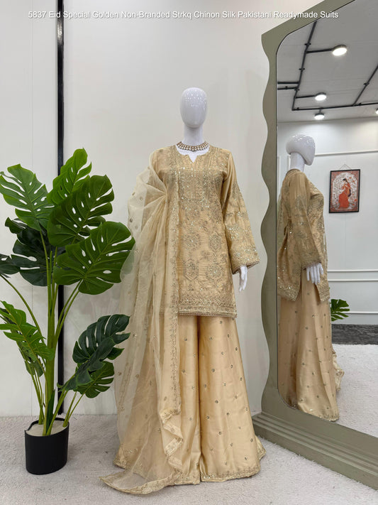 5837 Eid Special Golden Non-Branded Strkq Chinon Silk Pakistani Readymade Suits