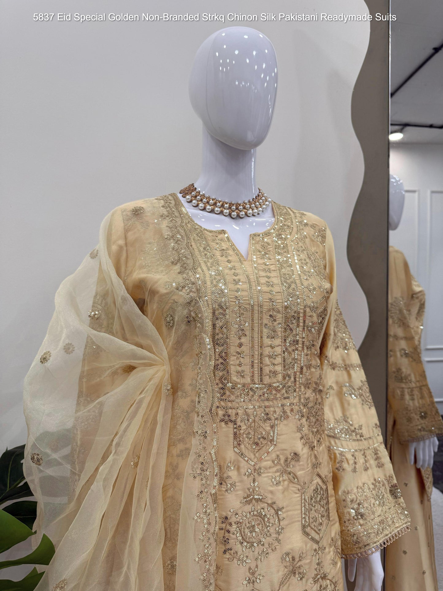 5837 Eid Special Golden Non-Branded Strkq Chinon Silk Pakistani Readymade Suits