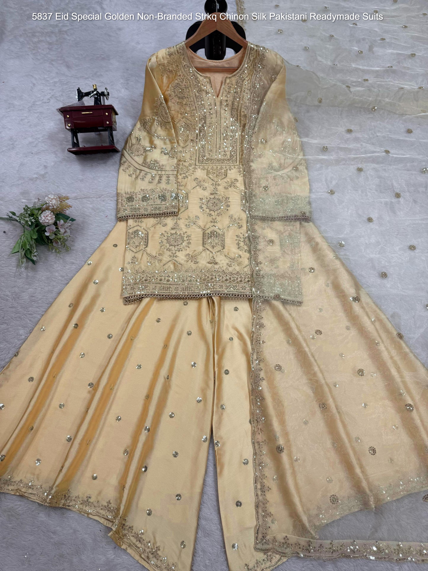5837 Eid Special Golden Non-Branded Strkq Chinon Silk Pakistani Readymade Suits
