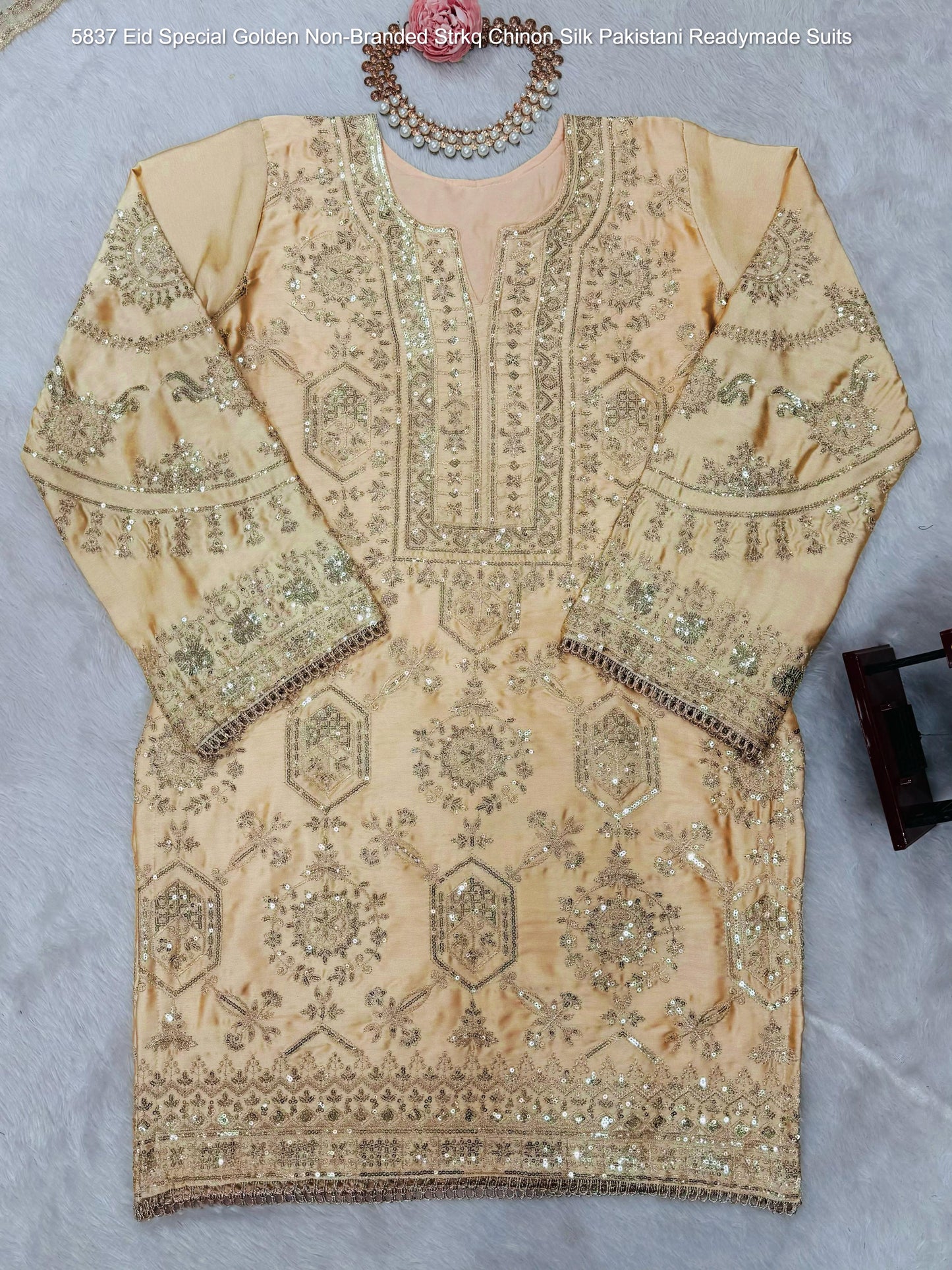 5837 Eid Special Golden Non-Branded Strkq Chinon Silk Pakistani Readymade Suits