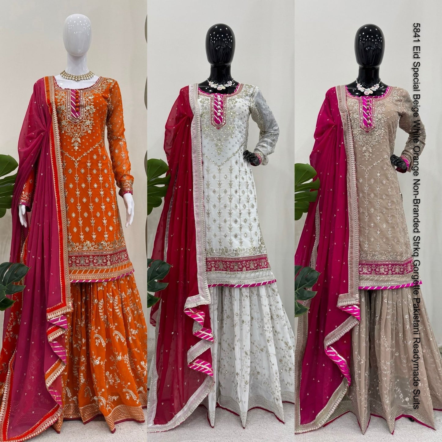5841 Eid Special Beige White Orange Non-Branded Strkq Gorgette Pakistani Readymade Suits