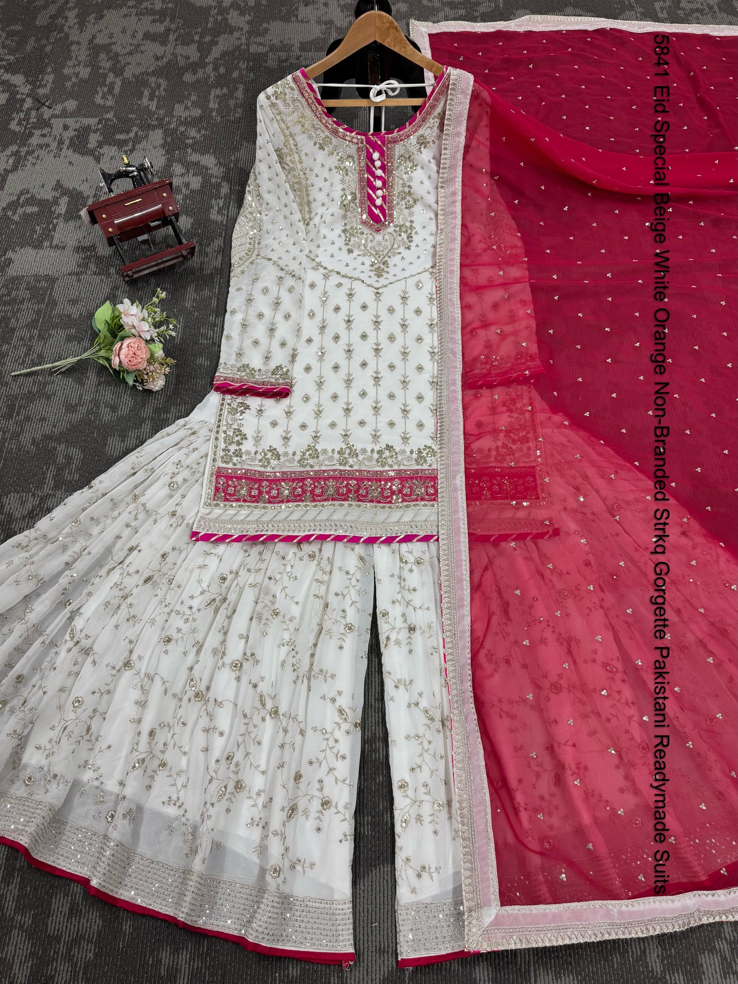 5841 Eid Special Beige White Orange Non-Branded Strkq Gorgette Pakistani Readymade Suits