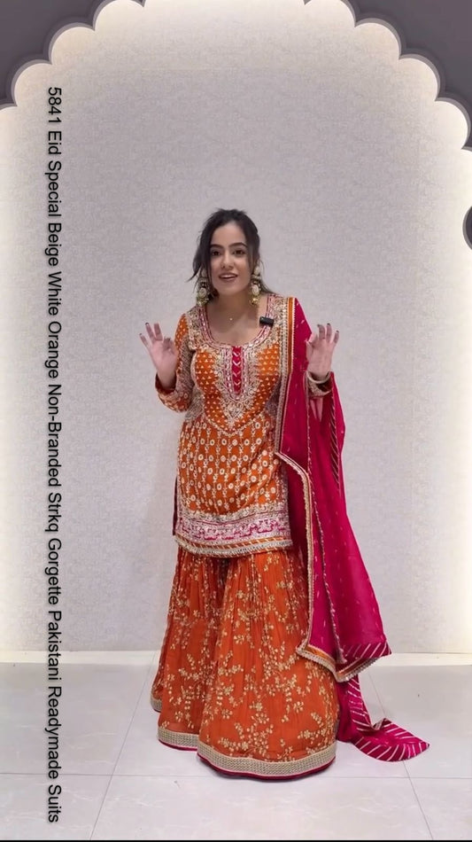 5841 Eid Special Beige White Orange Non-Branded Strkq Gorgette Pakistani Readymade Suits