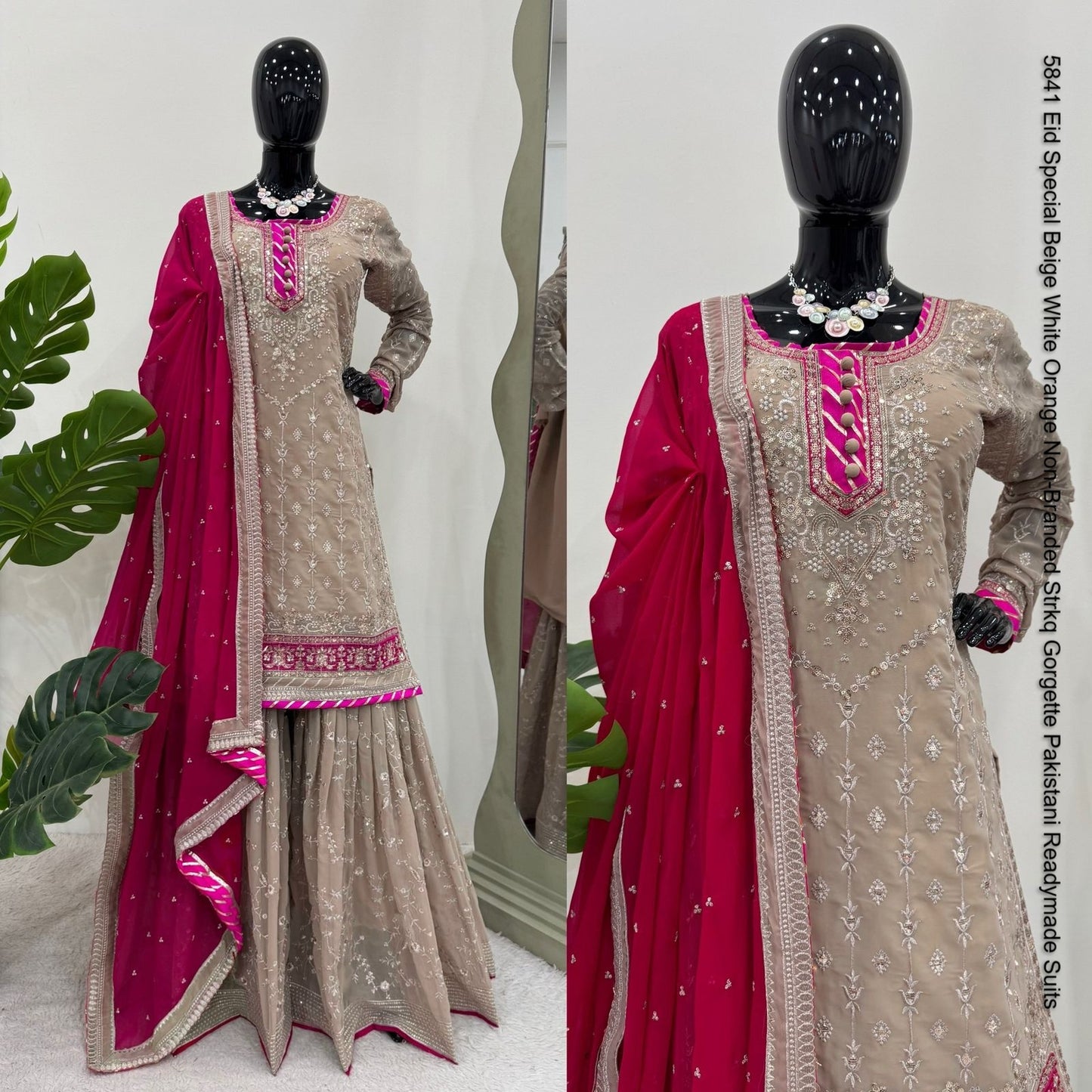 5841 Eid Special Beige White Orange Non-Branded Strkq Gorgette Pakistani Readymade Suits