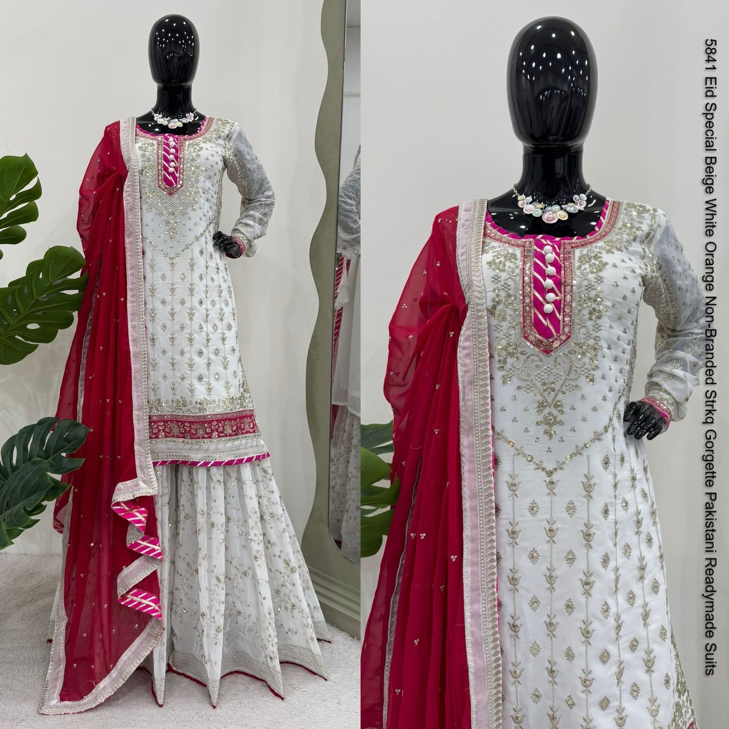 5841 Eid Special Beige White Orange Non-Branded Strkq Gorgette Pakistani Readymade Suits