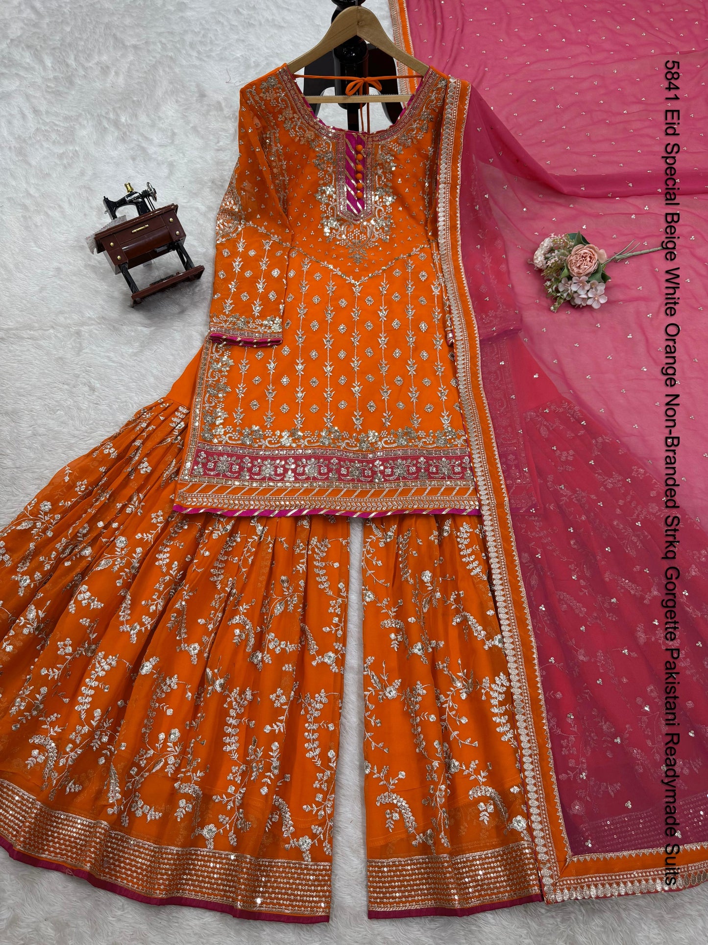 5841 Eid Special Beige White Orange Non-Branded Strkq Gorgette Pakistani Readymade Suits