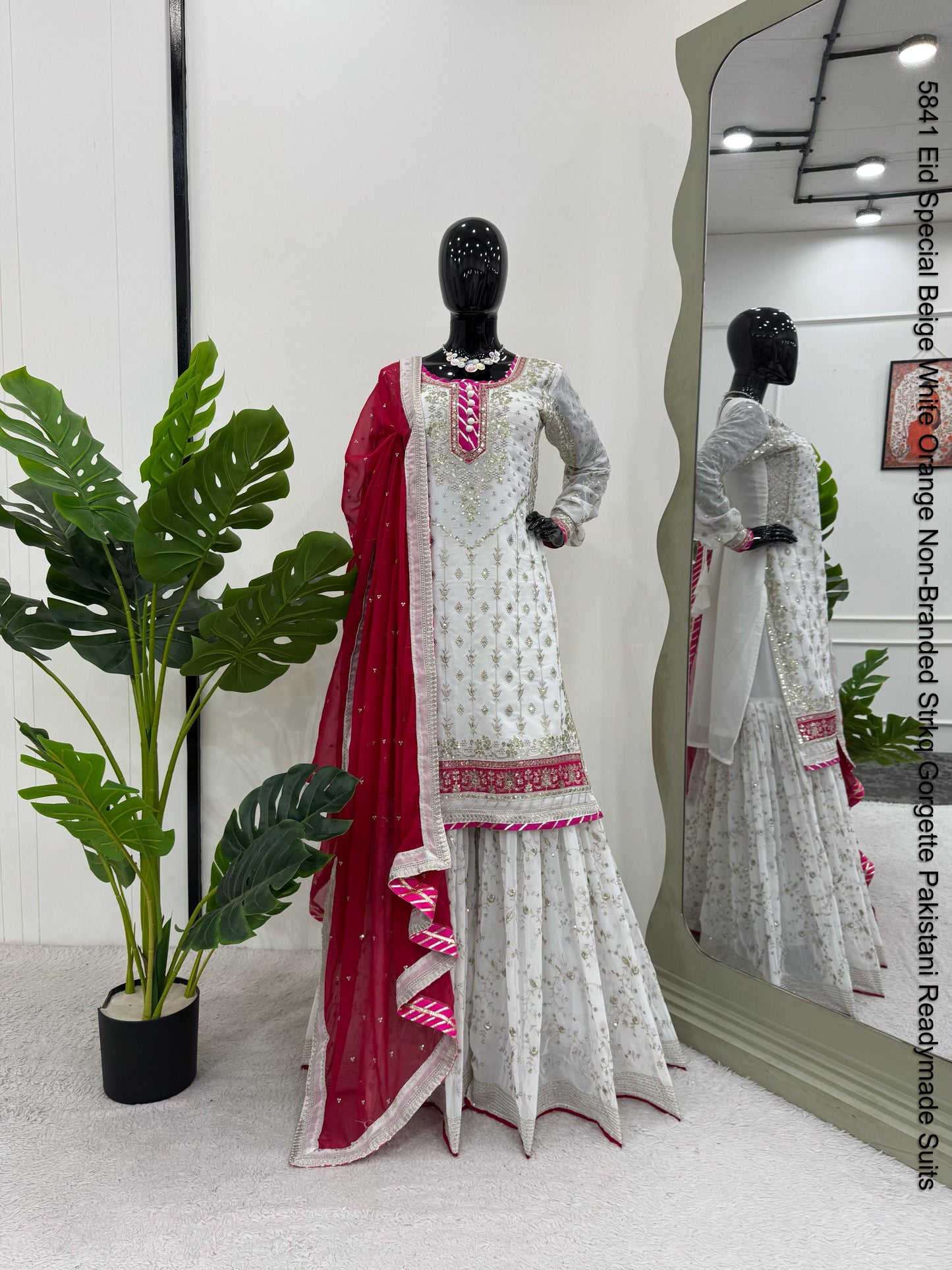5841 Eid Special Beige White Orange Non-Branded Strkq Gorgette Pakistani Readymade Suits
