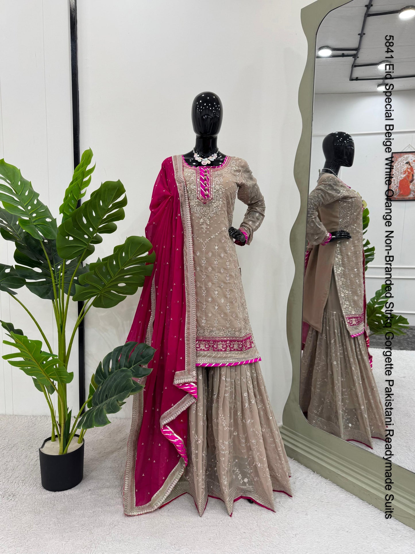 5841 Eid Special Beige White Orange Non-Branded Strkq Gorgette Pakistani Readymade Suits