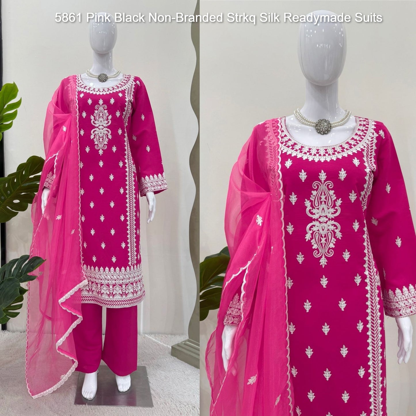 5861 Pink Black Non-Branded Strkq Silk Readymade Suits