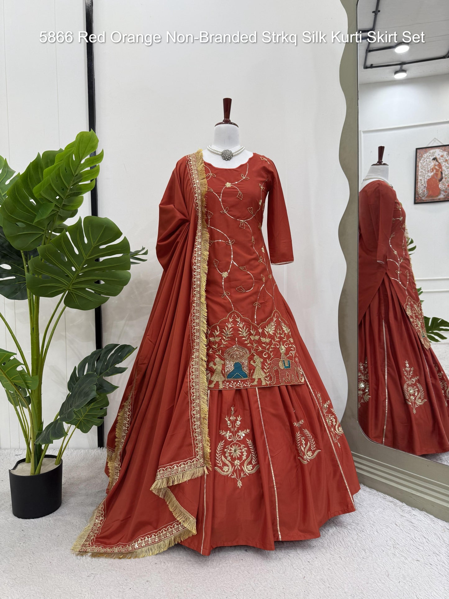 5866 Red Orange Non-Branded Strkq Silk Kurti Skirt Set