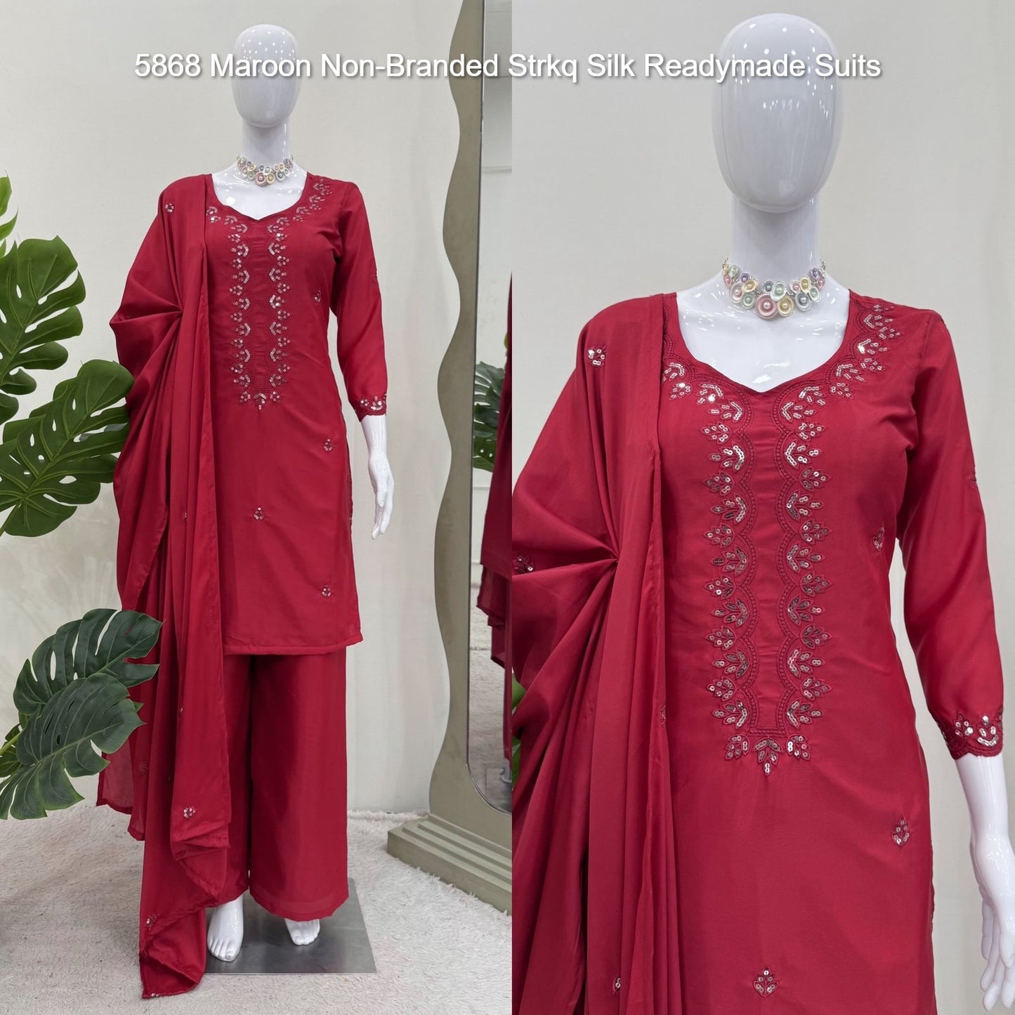 5868 Maroon Non-Branded Strkq Silk Readymade Suits