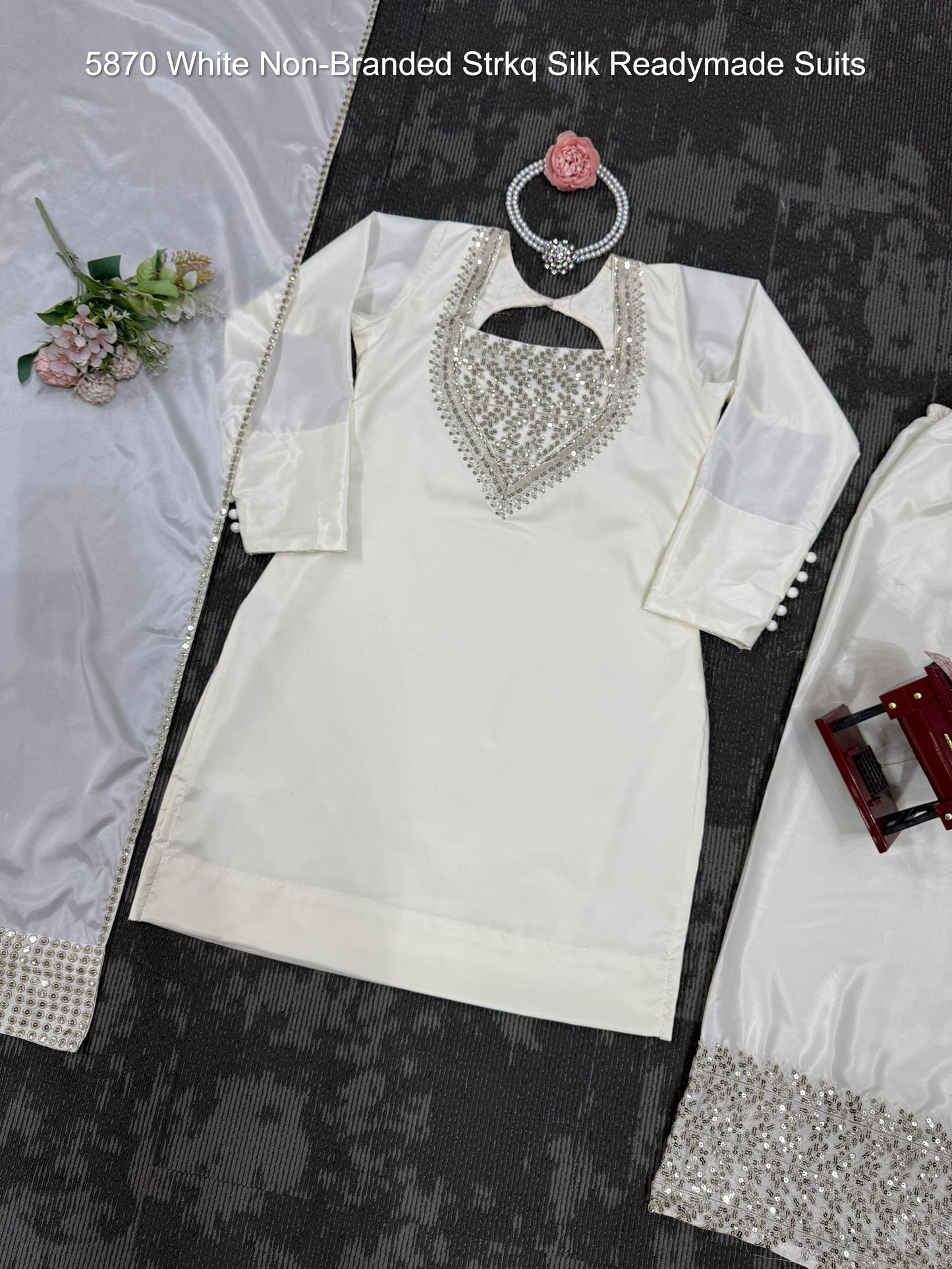 5870 White Non-Branded Strkq Silk Readymade Suits