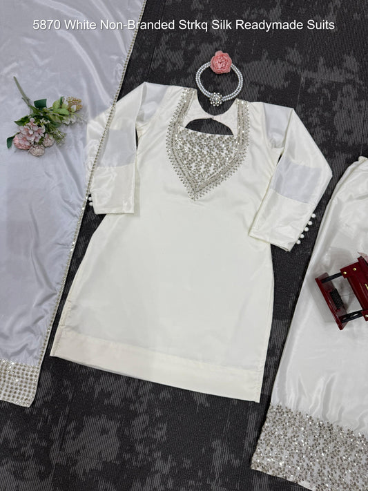 5870 White Non-Branded Strkq Silk Readymade Suits