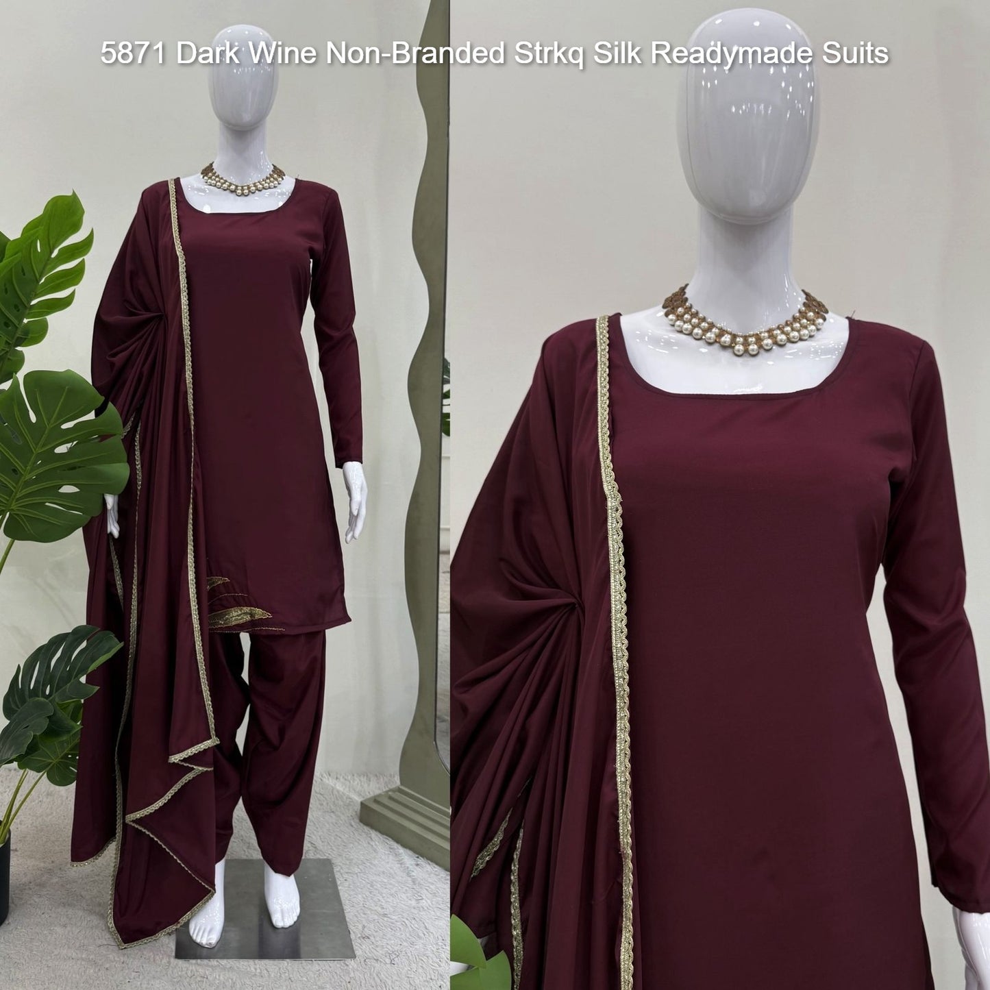 5871 Dark Wine Non-Branded Strkq Silk Readymade Suits