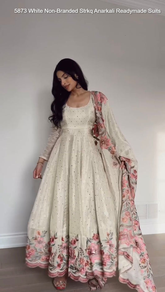 5873 White Non-Branded Strkq Anarkali Readymade Suits