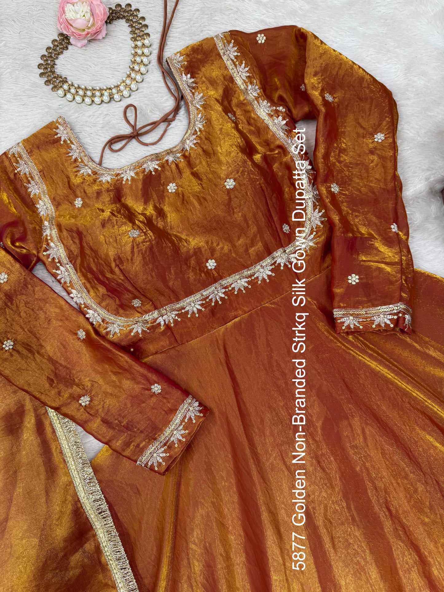 5877 Golden Non-Branded Strkq Silk Gown Dupatta Set