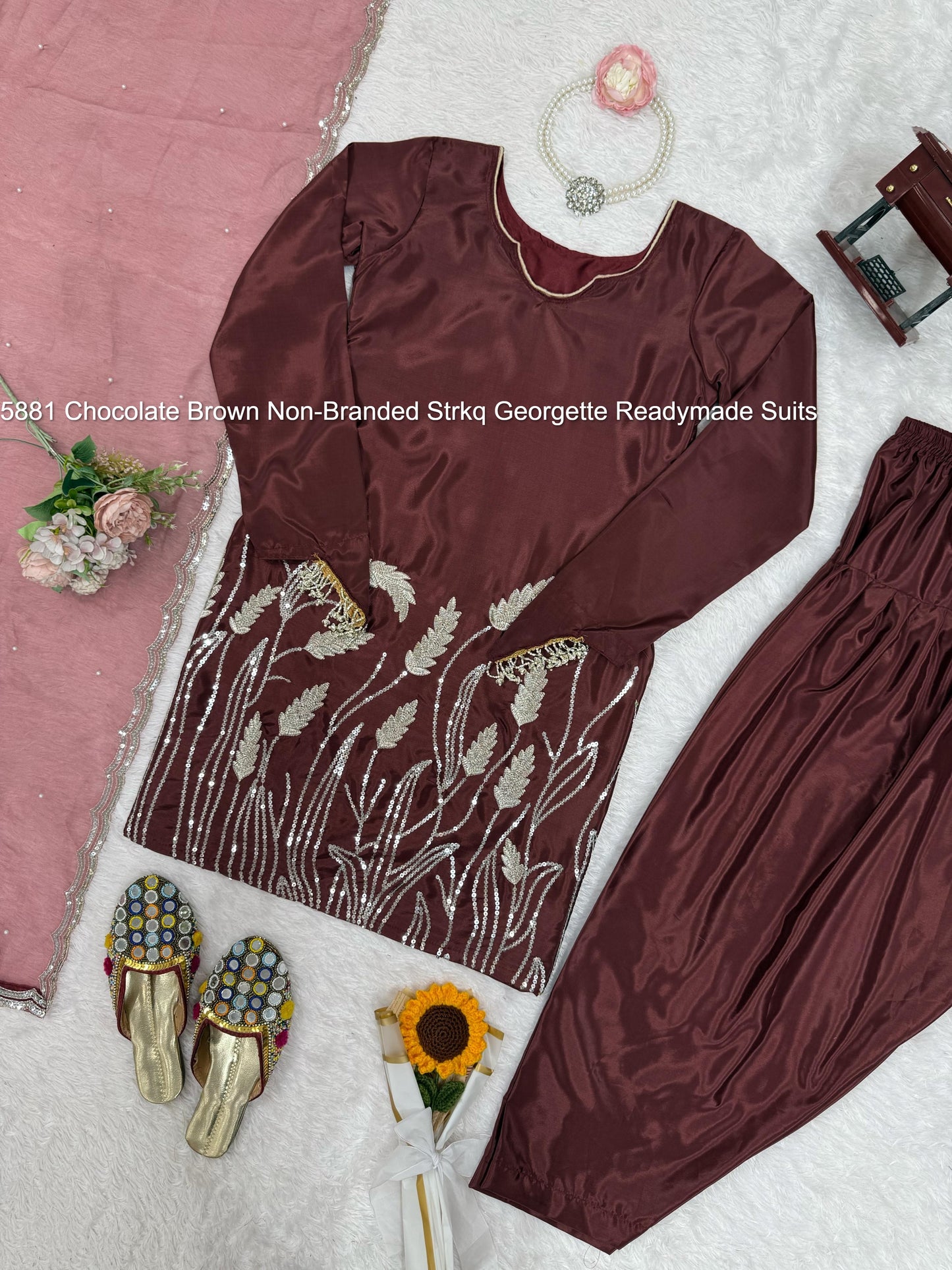 5881 Chocolate Brown Non-Branded Strkq Georgette Readymade Suits