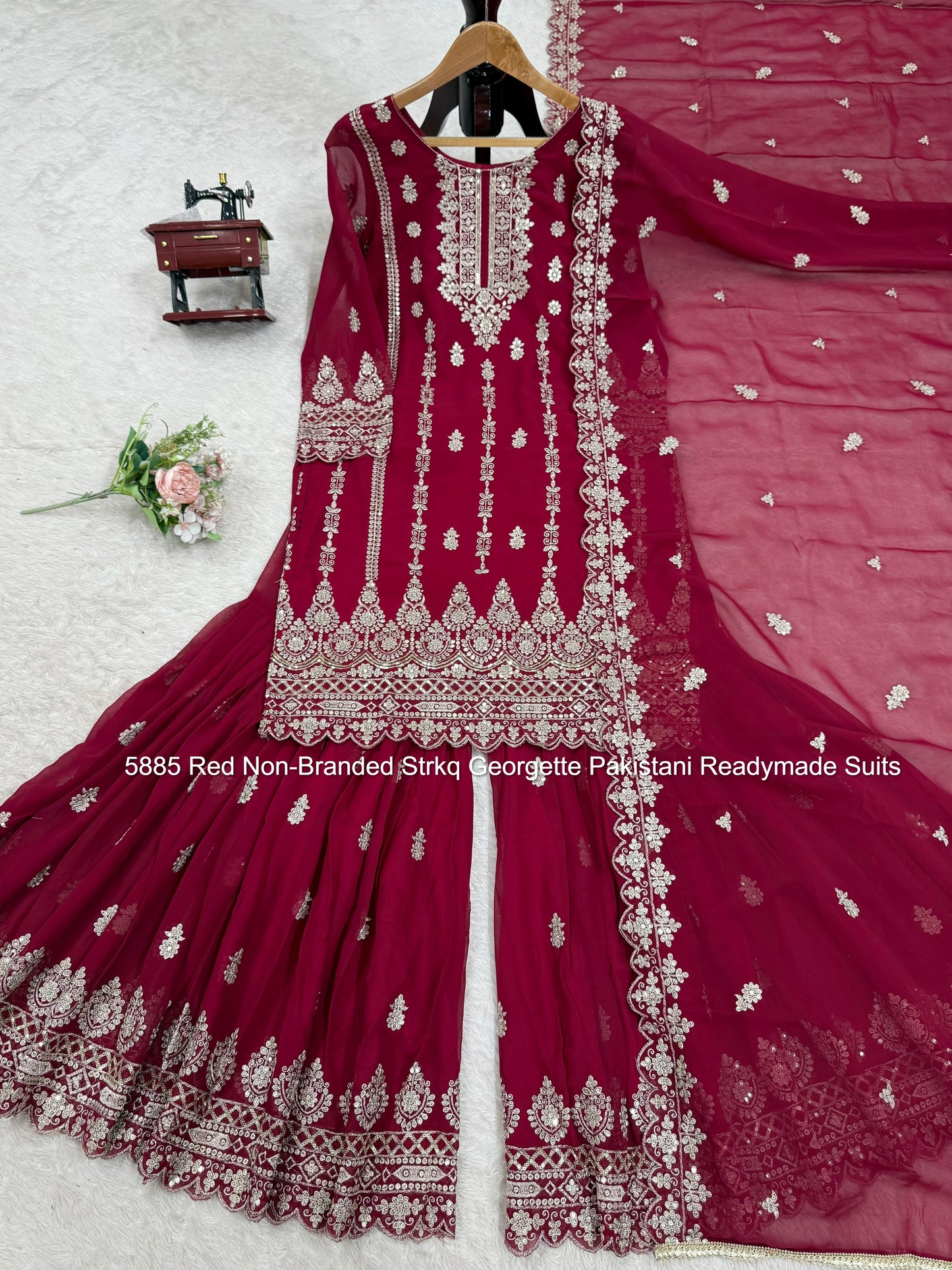 5885 Red Non-Branded Strkq Georgette Pakistani Readymade Suits